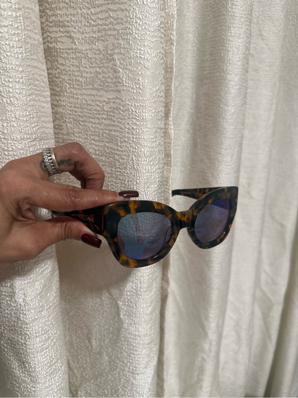 Karen Walker Tortoiseshell Cat Eye Sunglasses with Blue Mirrored Lenses